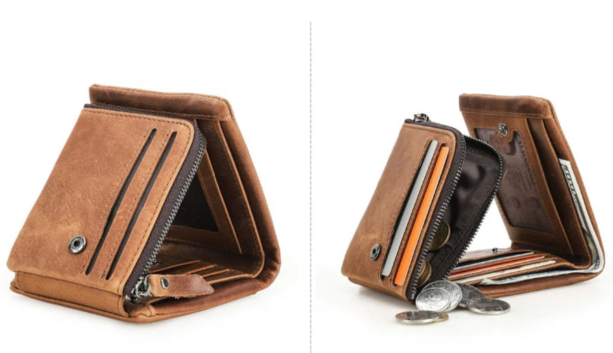 Portafoglio classico trifold in pelle per uomo - Con cerniera e tasca per monete