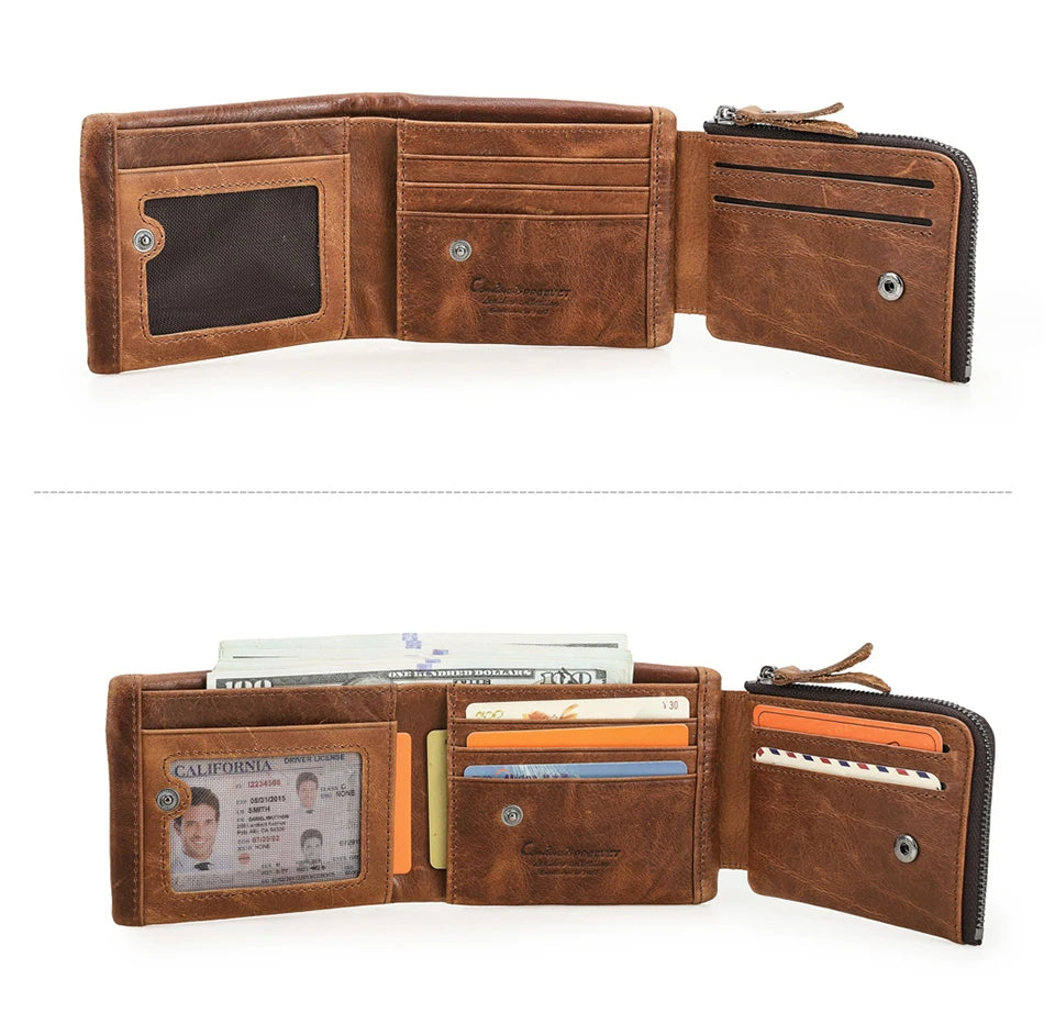 Portafoglio classico trifold in pelle per uomo - Con cerniera e tasca per monete