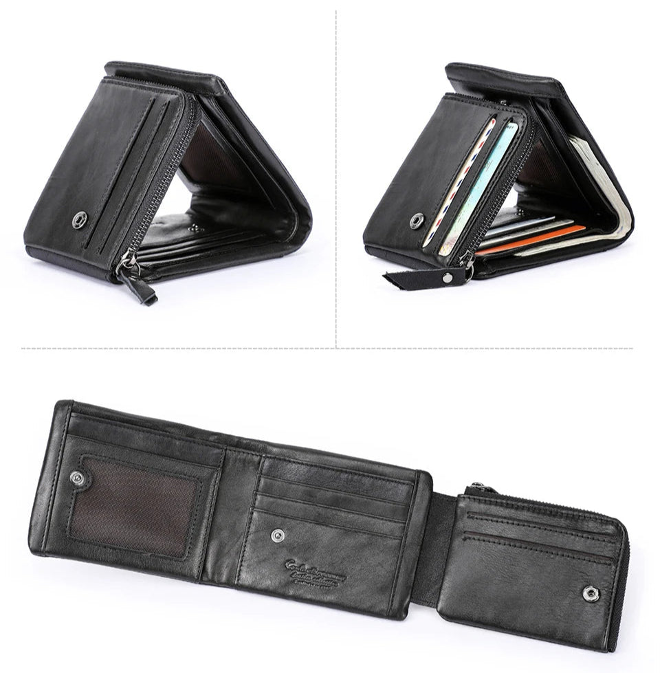 Portafoglio classico trifold in pelle per uomo - Con cerniera e tasca per monete