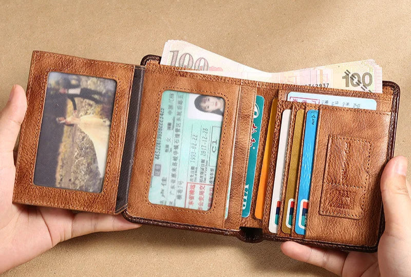 Portafoglio trifold da uomo in pelle con finestra per documenti e portacarte