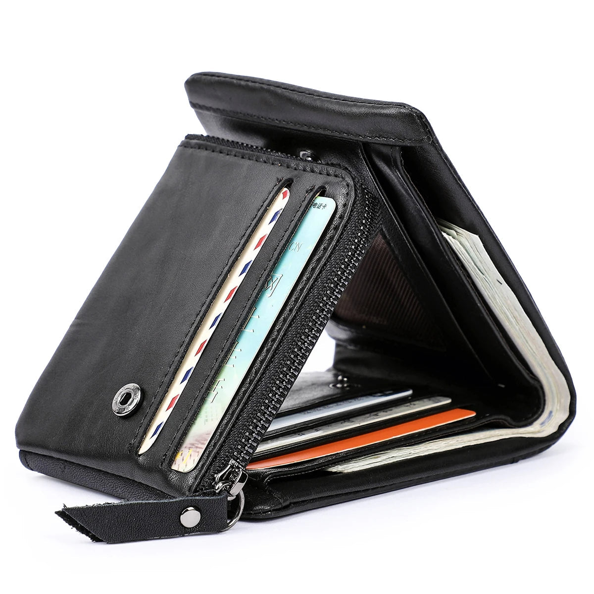 Portafoglio classico trifold in pelle per uomo - Con cerniera e tasca per monete